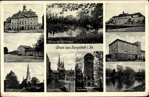 Ak Burgstädt in Sachsen, Rathaus, Wettinhain, Zentralschule, Kirche, Bahnhof, Taurastein
