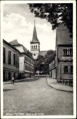 Ak Gehren Ilmenau im Ilm Kreis Thüringen, Kirche, Straßenpartie