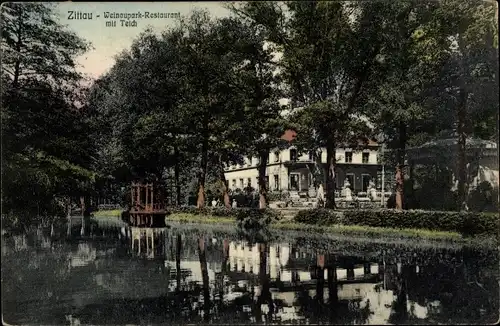 Ak Zittau in Sachsen, Weinaupark Restaurant mit Teich