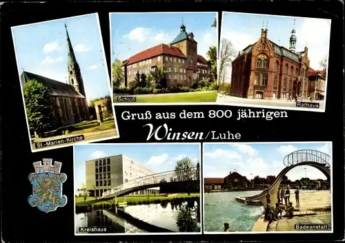 Wappen Ak Winsen an der Luhe, Schloss, Rathaus, Freibad, Kreishaus, St. Marien Kirche