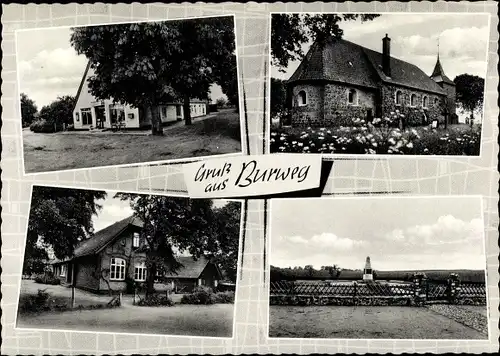 Ak Burweg in Niedersachsen, Gasthof, Geschäft, Kirche, Denkmal