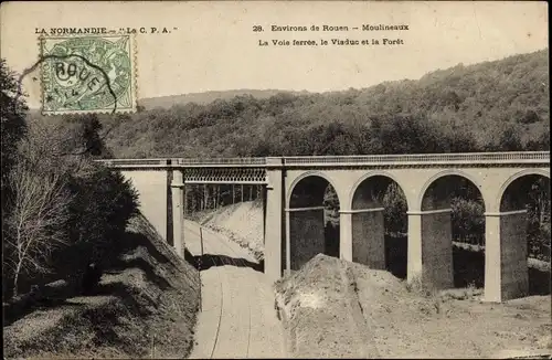 Ak Moulineaux Seine Maritime, La Voie ferree, le Viaduc et la Foret