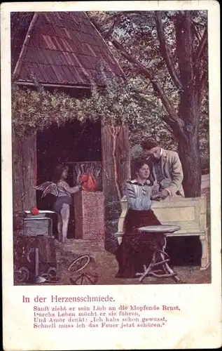 Ak In der Herzensschmiede, Liebespaar, Amor schmiedet ein Herz