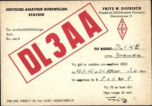 Ak QSL Karte, Funkerkarte DL3AA, Fritz W. Goerisch, Höchst Frankfurt am Main