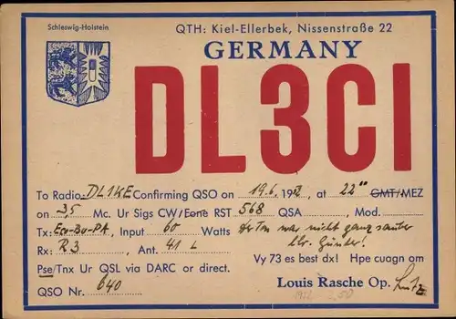 Wappen QSL Karte Ellerbeck Kiel in SH, Louis Rasche, DL3CI to DL1KE