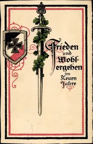 Ak Neujahr, WK I, Propaganda, Schwert mit Eichenlaub, Wappen
