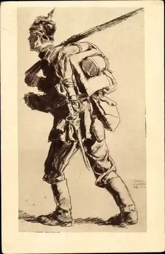 Künstler Ak Carl Marr, Deutsche Soldaten, WK I, Soldat Pickelhaube, Ausrüstung, Gewehr