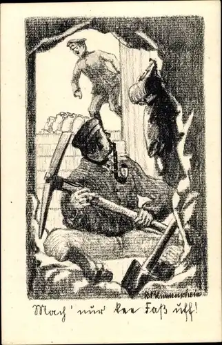 Künstler Ak R. Blumenschein, WK I, Soldat mit Pfeife, Spitzhake und Schaufel