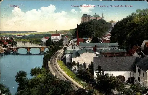 Ak Leisnig in Sachsen, Schloss Mildenstein, Tragnitz, Fischendorfer Brücke