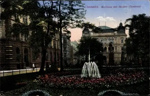 Ak Chemnitz in Sachsen, Rathaus, Becker Denkmal