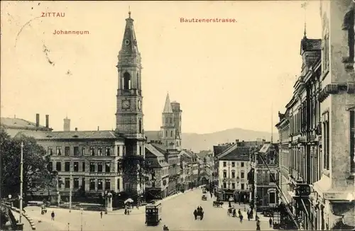 Ak Zittau in Sachsen, Johanneum, Bautznerstraße, Straßenbahn