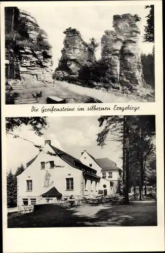 Ak Ehrenfriedersdorf Erzgebirge, Greifenstein Berghaus mit Gästen, Greifensteine, Felspartie