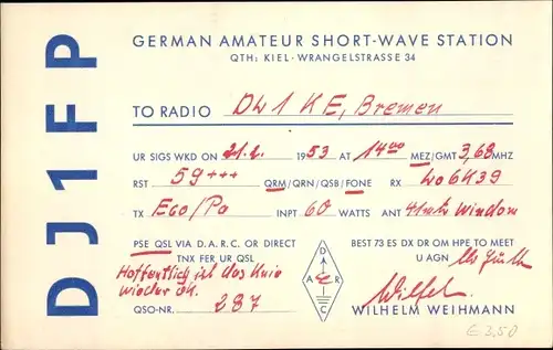 Ak QSL Karte, Funkerkarte, DJ1FP zu DL1KE, Wilhelm Weihmann Kiel