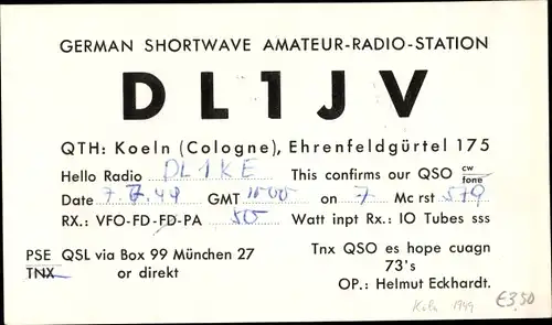 Ak QSL Karte, Funkerkarte, DL1JV zu DL1KE, Helmut Eckardt Köln