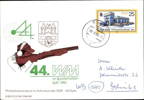 Ak Suhl in Thüringen, 44. WM im Sportschießen 1986, Philatelistenverband der DDR