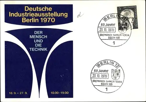 Ak Berlin Charlottenburg, Deutsche Industrieausstellung 1970, 50 Jahre Briefmarkensammlerverein