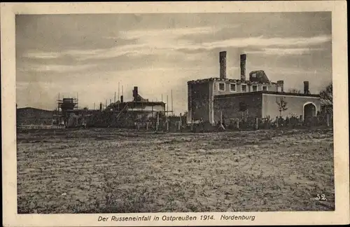 Ak Krylowo Nordenburg Ostpreußen, Zerstörte Gebäude, 1914