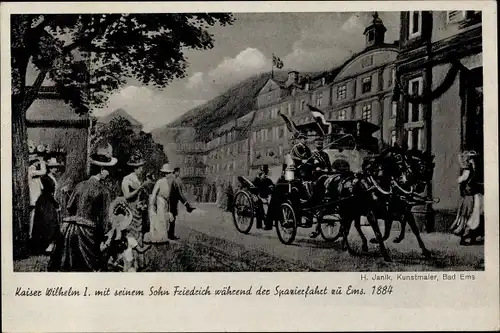 Künstler Ak Janik, H., Ems, Kaiser Wilhelm I mit Sohn Friedrich bei einer Spazierfahrt 1884