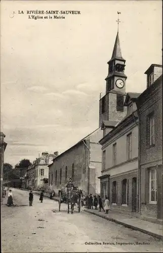 Ak La Riviere Saint Sauveur Calvados, L'Eglise et la Mairie