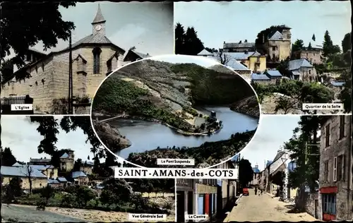 Ak Saint Amans des Cots Aveyron, Quartier de la Salle, Pont Suspendu, le Centre, L'Eglise