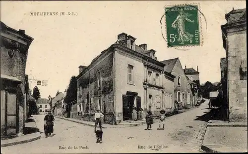 Ak Mouliherne Maine-et-Loire, Rue de la Poste, Rue de l'Eglise