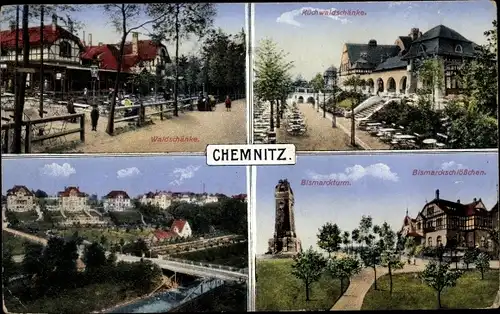 Ak Chemnitz in Sachsen, Waldschänke, Küchwaldschänke, Bismarckturm, Bismarckschlösschen