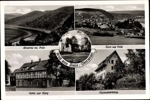 Ak Polle an der Weser, Hotel zur Burg, Jugendherberge, Blick ins Wesertal und auf den Ort