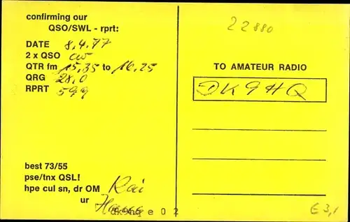 Ak QSL Karte, Funkerkarte, DK7LQ, DK7LQA, zu DK9HQ