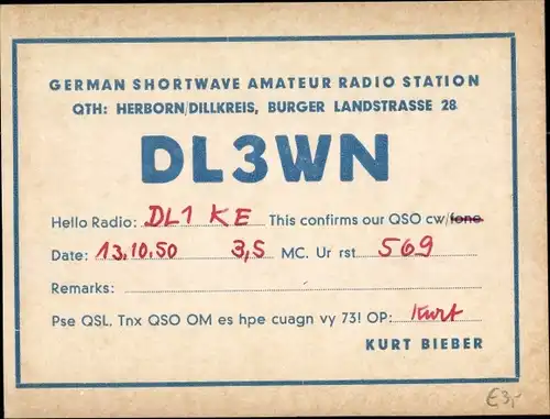 Ak QSL Karte, Funkerkarte, DL3WN zu DL1KE, Kurt Bieber Herborn