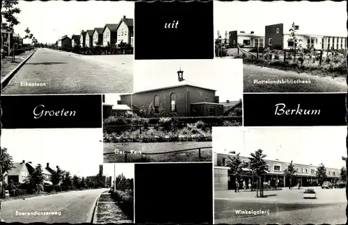 Ak Berkum Overijssel Niederlande, Kerk, Eikenlaan, Plattelandsbibliotheek, Winkelgalerij