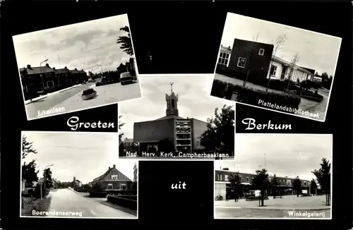 Ak Berkum Overijssel Niederlande, Kerk, Boerendanserweg, Plattelandsbibliotheek, Winkelgalerij