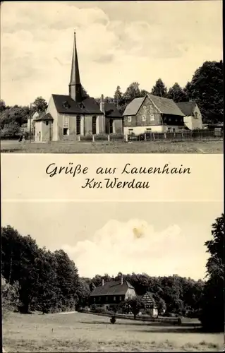 Ak Lauenhain Crimmitschau Sachsen, Kirche, Fachwerkhaus, Wald