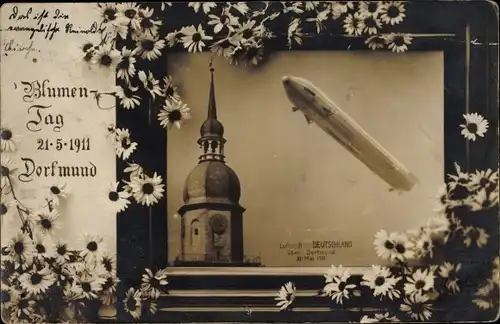 Passepartout Foto Ak Dortmund im Ruhrgebiet, Blumentag 1911, Luftschiff LZ 8 Deutschland, Zeppelin