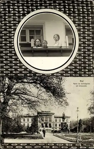 Passepartout Ak Hansestadt Kiel, Schlossgarten, Universität, Frauen schauen von einem Balkon