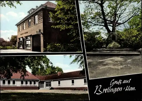 Ak Brelingen Wedemark in Niedersachsen, Gaststätte, Geschäft, Denkmal, Flachbau