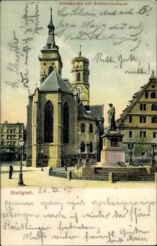 Ak Stuttgart am Neckar, Stiftskirche und Schillerdenkmal