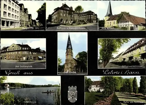 Ak Lehrte in Niedersachsen, Kirche, Rathaus, Kreissparkasse, Autobahnsee, Straßenansichten