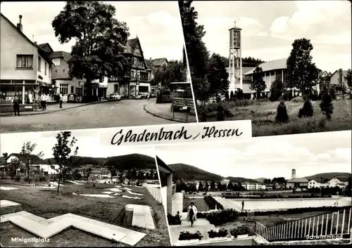 Ak Gladenbach Hessen, Straßenpartie, Kirche, Schwimmbad, Minigolfplatz