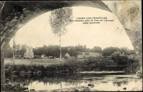 Ak Lugny les Charolles Saône et Loire, Vue générale prise du Pont sur l'Arconce