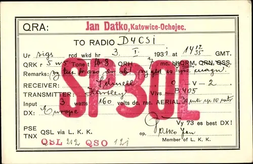 Ak QSL Karte, Funkerkarte, SP3OL zu D4CSI, Jan Datko Kattowitz