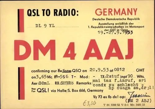 Ak QSL Karte, Funkerkarte, DM4AAJ, DDR Ausstellung der 1. Republikmeisterschaften im Motorsport