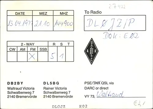 Wappen Ak QSL Karte, Funkerkarte, DB2BY, Waltraud Victoria Bremervörde