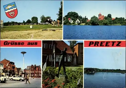 Wappen Ak Preetz in Holstein, Partie am Wasser, Denkmal, Stadtzentrum