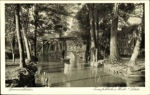 Ak Lehde Lübbenau im Spreewald, Gasthaus Zum fröhlichen Hecht, Spreewaldkahn