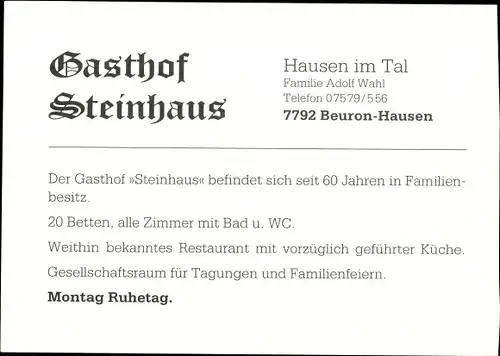 Ak Hausen im Tal Beuron in Baden Württemberg, Gasthof Steinhaus, Familie Adolf Wahl