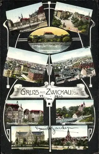 Passepartout Ak Zwickau in Sachsen, Marktplatz, Moritzkirche, Hauptpostamt, Schwanenschloss, Teich