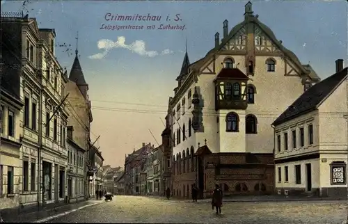 Ak Crimmitschau in Sachsen, Leipzigerstrasse mit Lutherhof