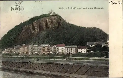 Ak Děčín Tetschen Bodenbach an der Elbe Region Aussig, Weiher mit Schäferwand und neuem Restaurant