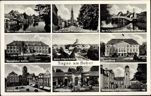 Ak Żagań Sagan Schlesien, Rochusburg, Ludwigsgarten, Butter Markt, Kaiser Wilhelm Brücke