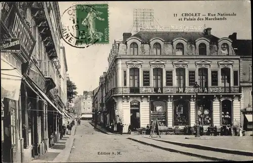 Ak Cholet Maine et Loire, Rue Nationale et Palais des Marchands